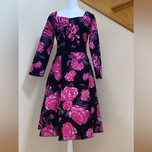 Women’s Dress Size S, XL, XXL Retro Long Sleeve Floral Black Pink Party Swing
